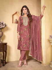 Mauve Organza Embroidered Kurta Set with Dupatta - Fully Stitched