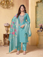 Turquoise Viscose Modal Butti Embroidered Kurta Set with Jacquard Organza Dupatta - Fully Stitched