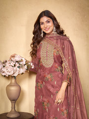 Mauve Organza Embroidered Kurta Set with Dupatta - Fully Stitched