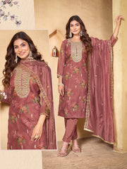 Mauve Organza Embroidered Kurta Set with Dupatta - Fully Stitched