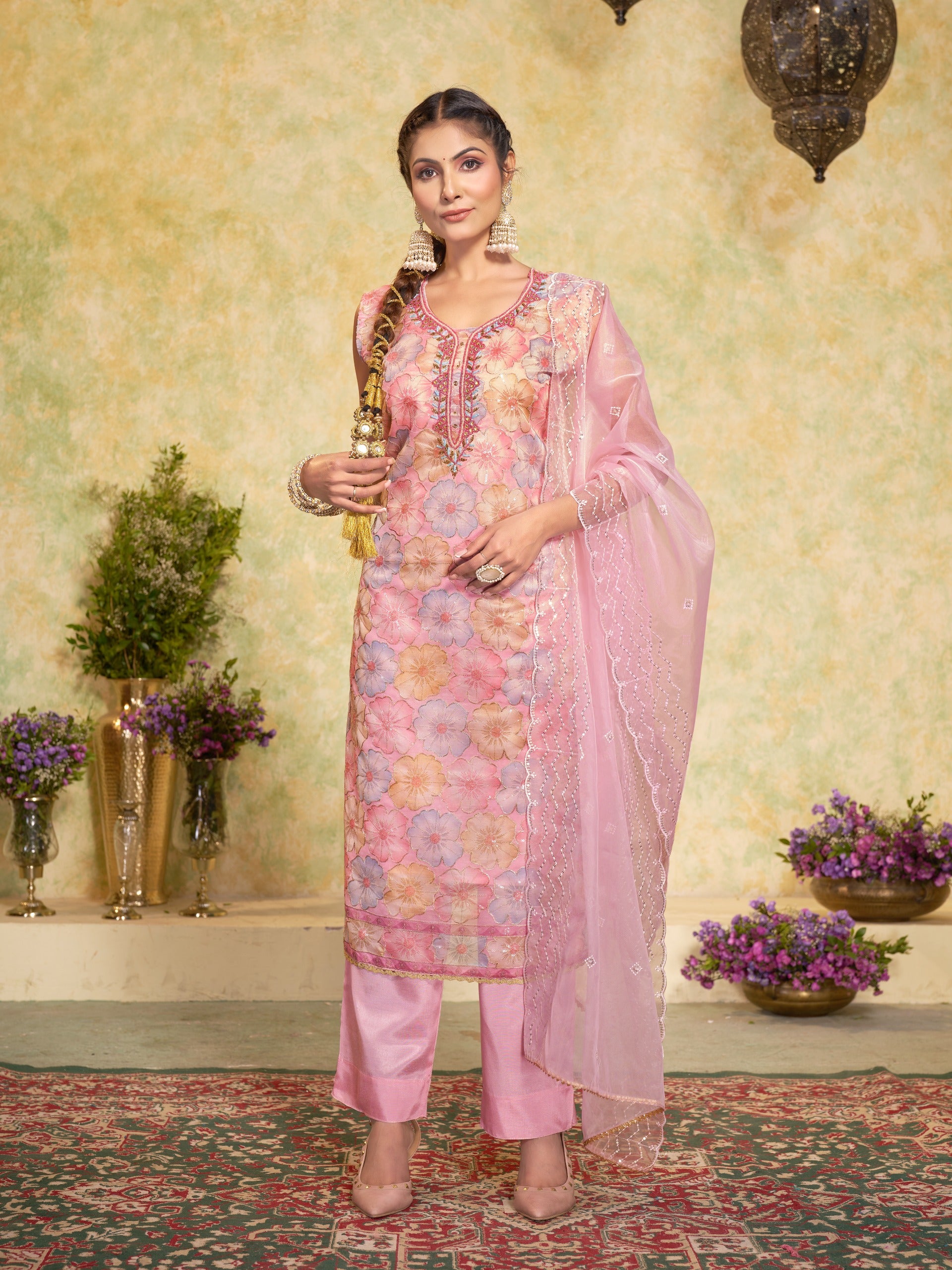 Pink Organza Handworked Kurta Set with Embroidered Dupatta