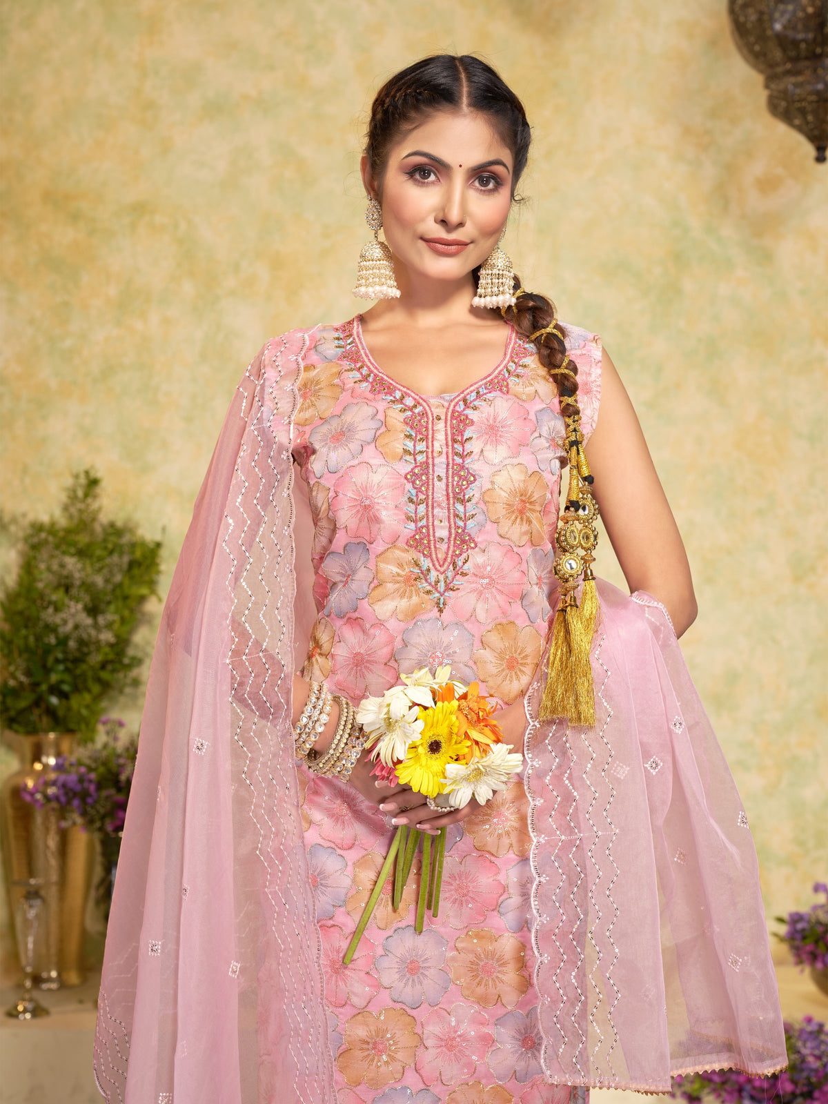 Pink Organza Handworked Kurta Set with Embroidered Dupatta