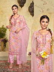 Pink Organza Handworked Kurta Set with Embroidered Dupatta