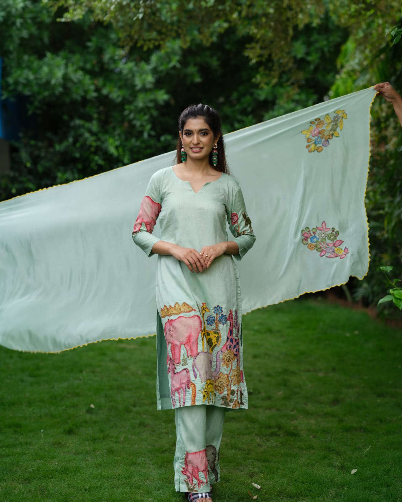 Pista Green Cotton Kurta Set with Kalamkari Animal & Floral Print – Ethnic Co-ord Set for Women