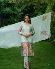 Pista Green Cotton Kurta Set with Kalamkari Animal & Floral Print – Ethnic Co-ord Set for Women