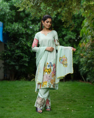 Pista Green Cotton Kurta Set with Kalamkari Animal & Floral Print – Ethnic Co-ord Set for Women