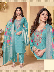 Turquoise Viscose Modal Butti Embroidered Kurta Set with Jacquard Organza Dupatta - Fully Stitched