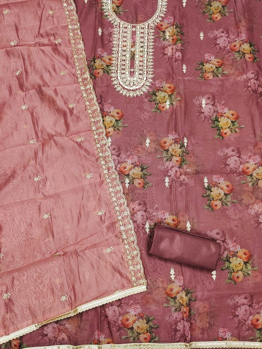 Mauve Organza Embroidered Kurta Set with Dupatta - Fully Stitched