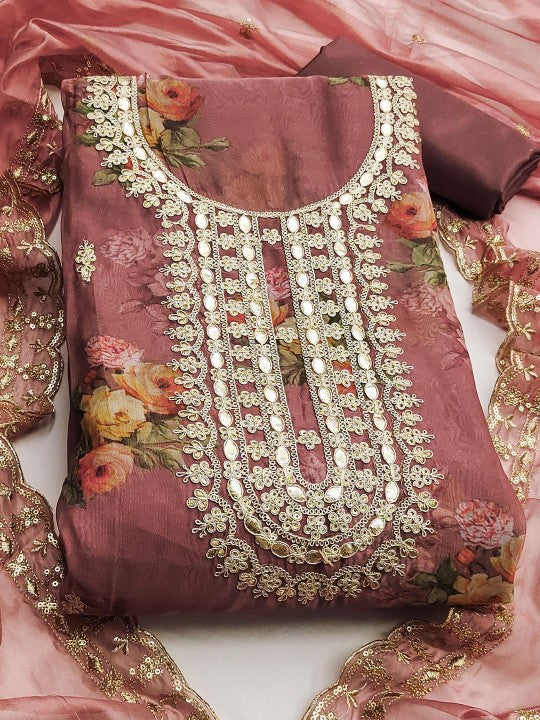 Mauve Organza Embroidered Kurta Set with Dupatta - Fully Stitched