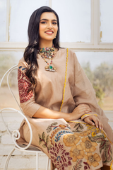 Beige Floral Kalamkari Kurta Set with Dupatta – Printed Appliques & Scallop Border