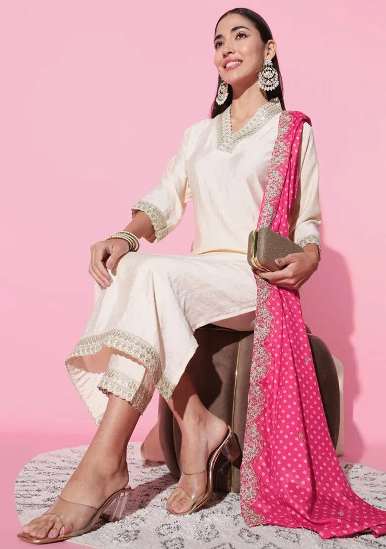 Elegant Cream Embroidered Kurta with Palazzo and Pink Dupatta