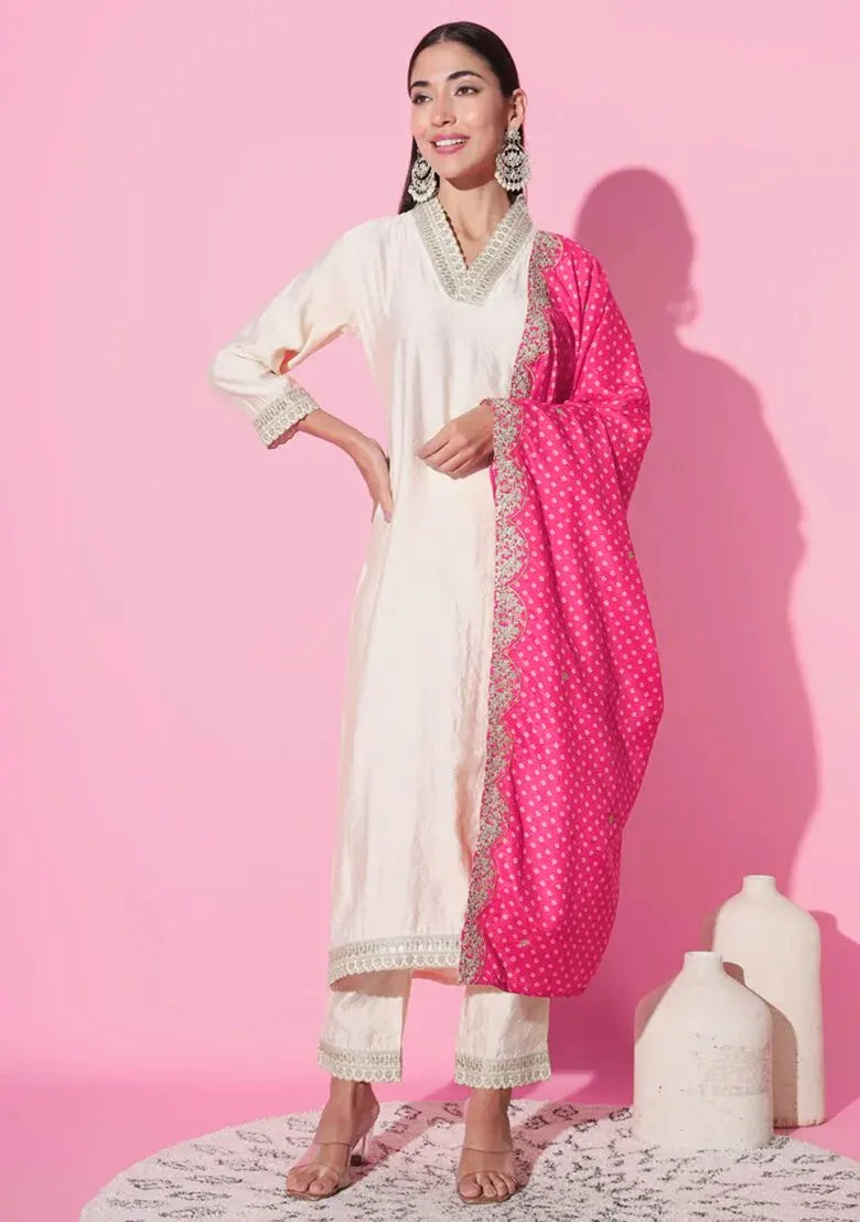 Elegant Cream Embroidered Kurta with Palazzo and Pink Dupatta