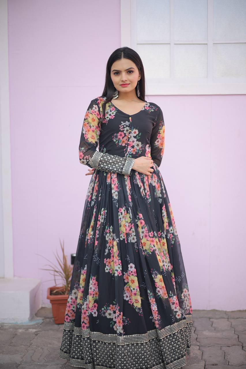 Floral Printed & Embroidered Georgette Ethnic Gown