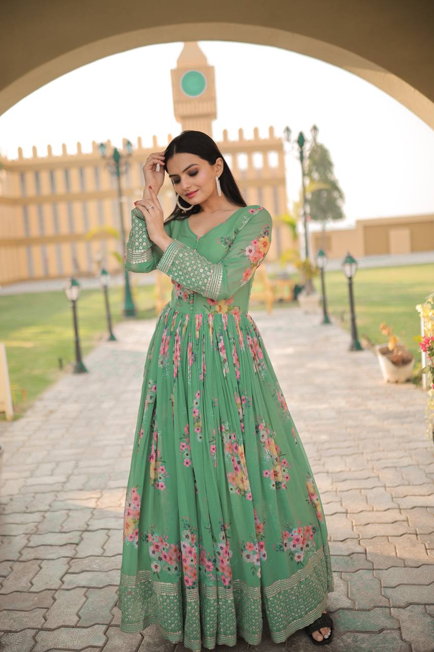 Floral Printed & Embroidered Georgette Ethnic Gown