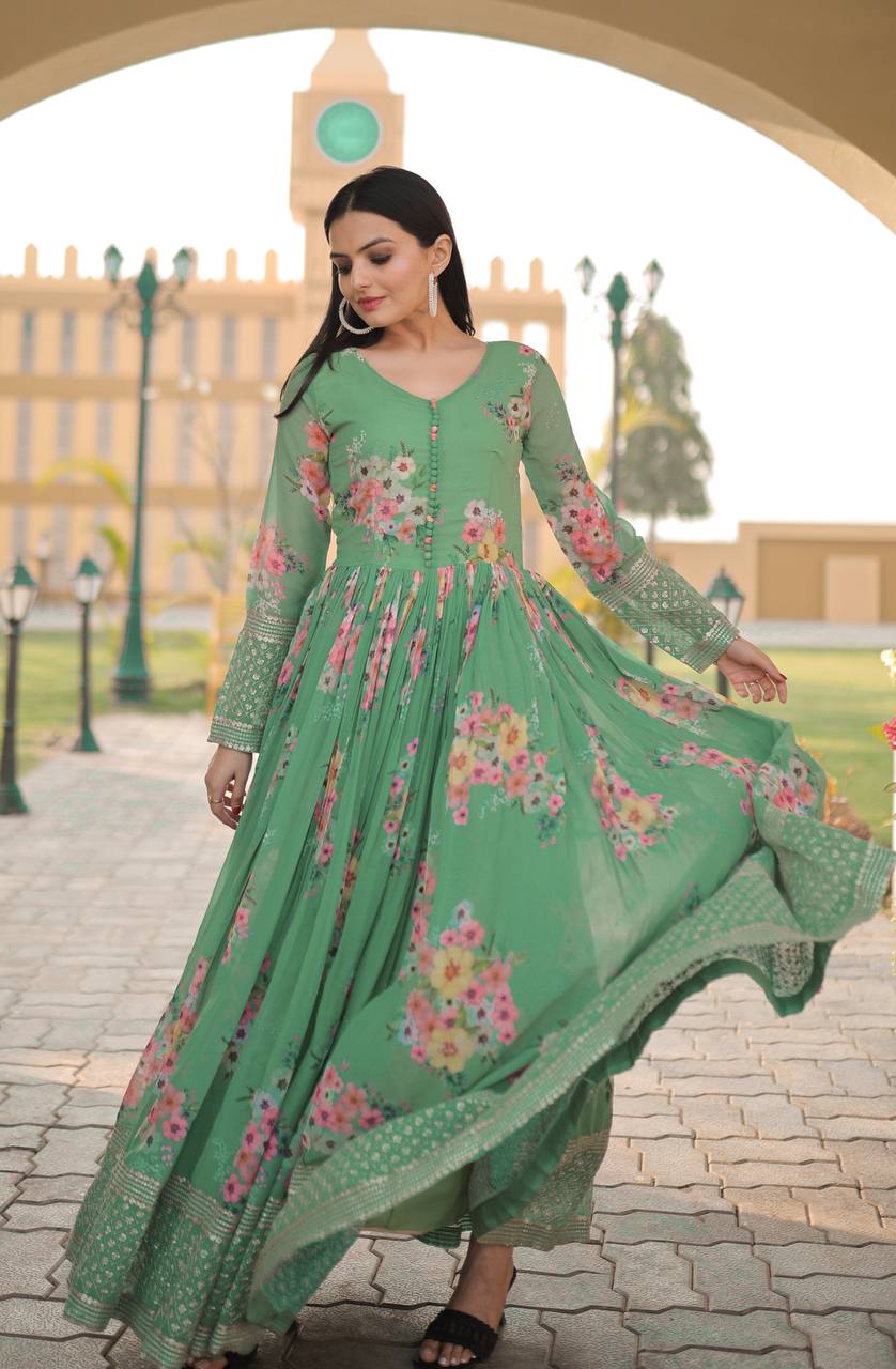 Floral Printed & Embroidered Georgette Ethnic Gown