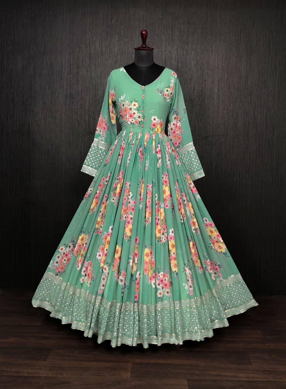 Floral Printed & Embroidered Georgette Ethnic Gown