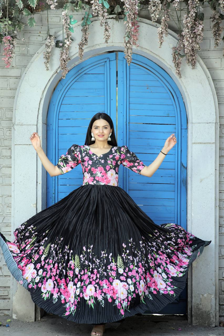 Elegant Chinnon Pleated Gown with Floral Print & Puff Sleeves