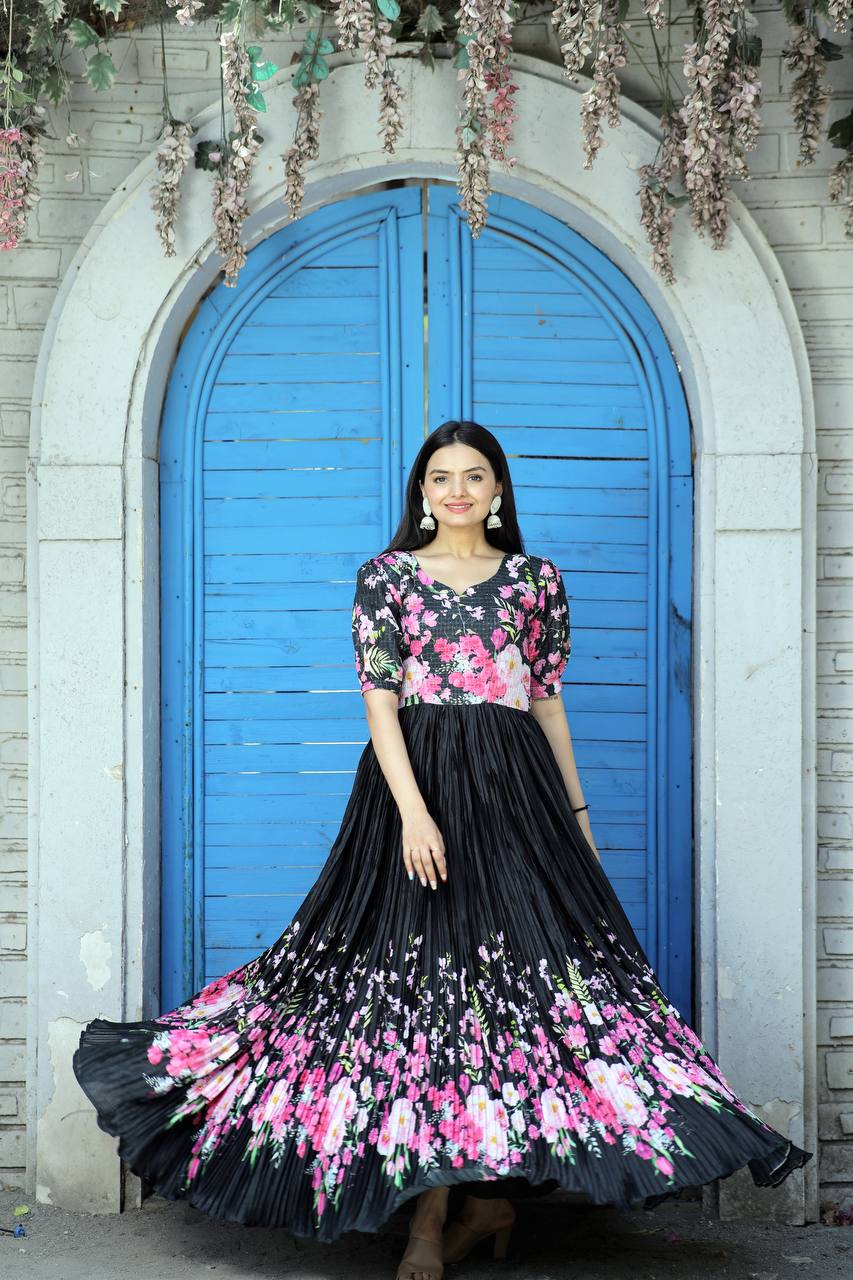 Elegant Chinnon Pleated Gown with Floral Print & Puff Sleeves