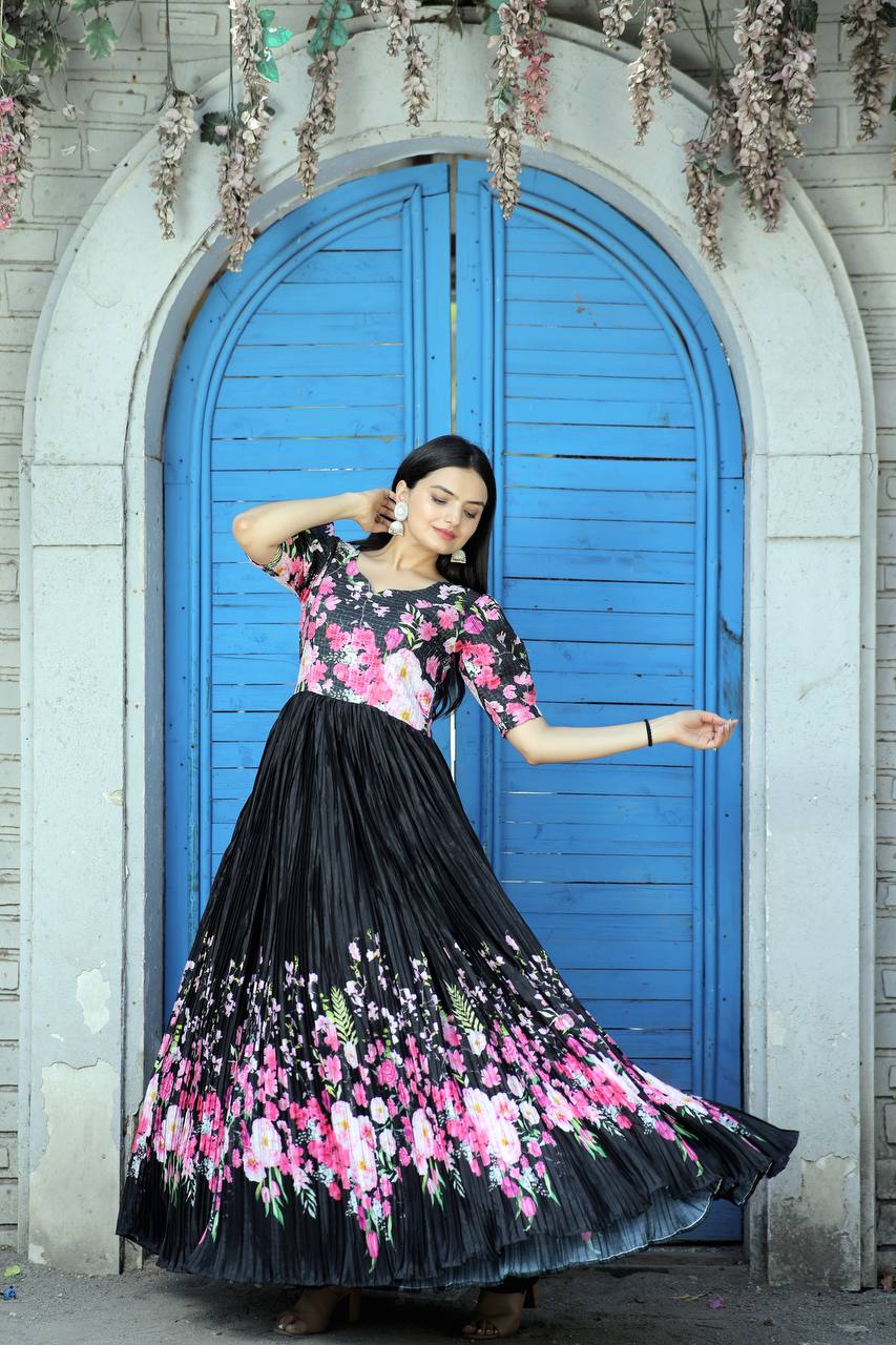 Elegant Chinnon Pleated Gown with Floral Print & Puff Sleeves