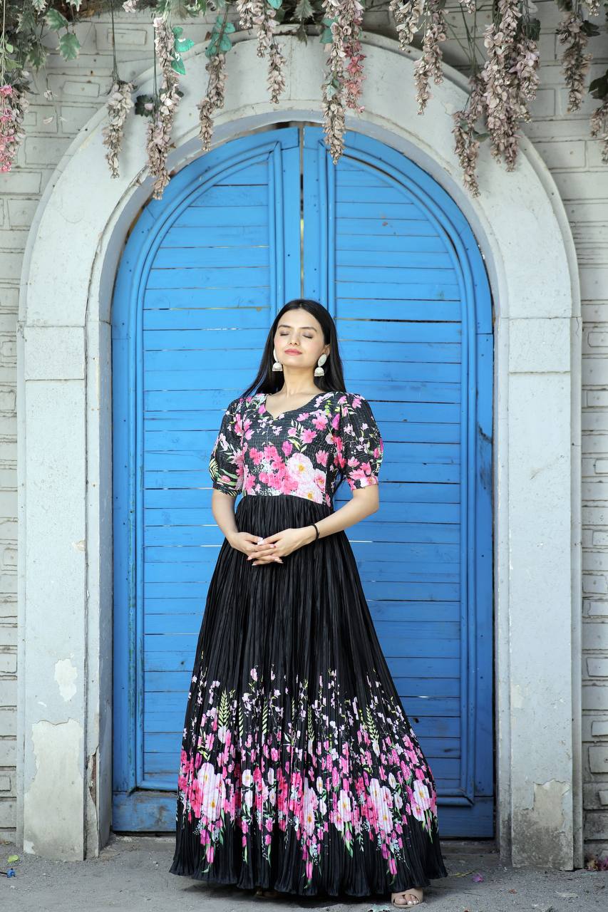 Elegant Chinnon Pleated Gown with Floral Print & Puff Sleeves