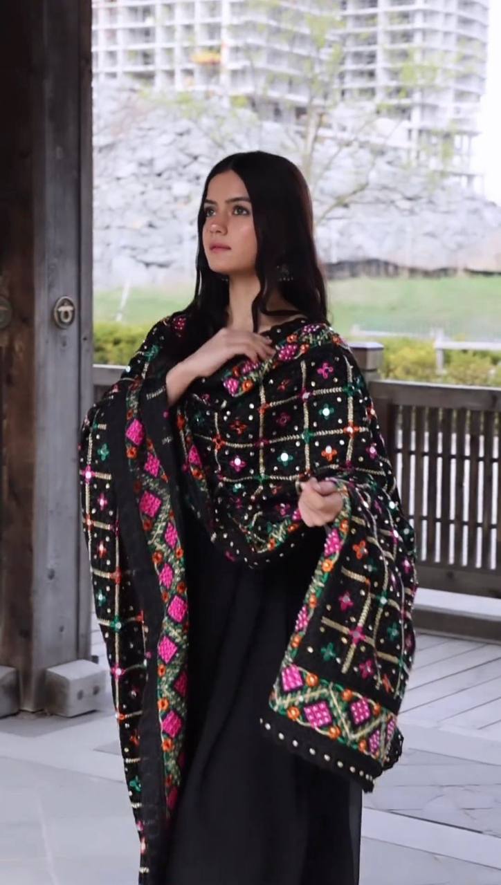 Black Embroidered Gown with Dupatta – Mirror Work Design