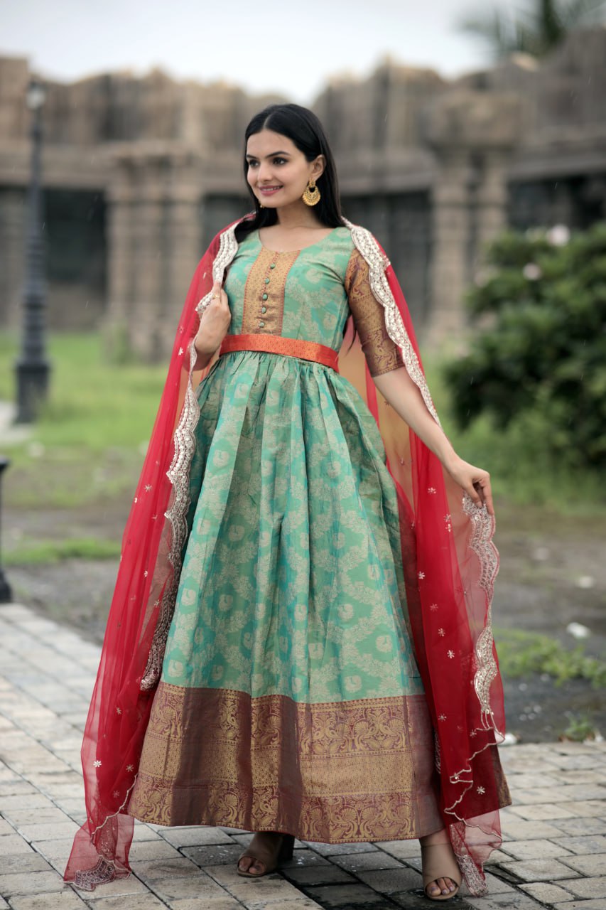 Elegant Kanjivaram Silk Gown with Embroidered Net Dupatta