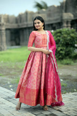 Elegant Kanjivaram Silk Gown with Embroidered Net Dupatta