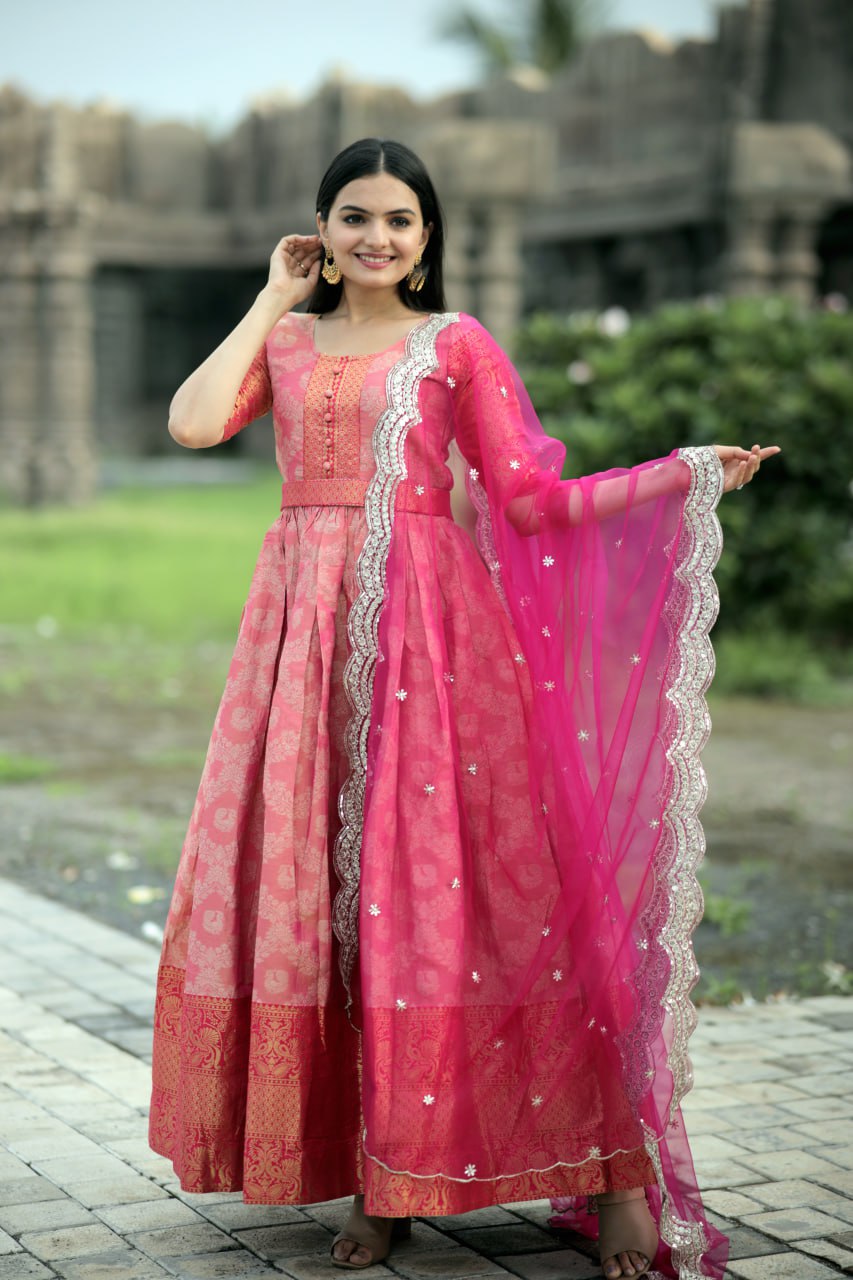 Elegant Kanjivaram Silk Gown with Embroidered Net Dupatta