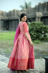 Elegant Kanjivaram Silk Gown with Embroidered Net Dupatta