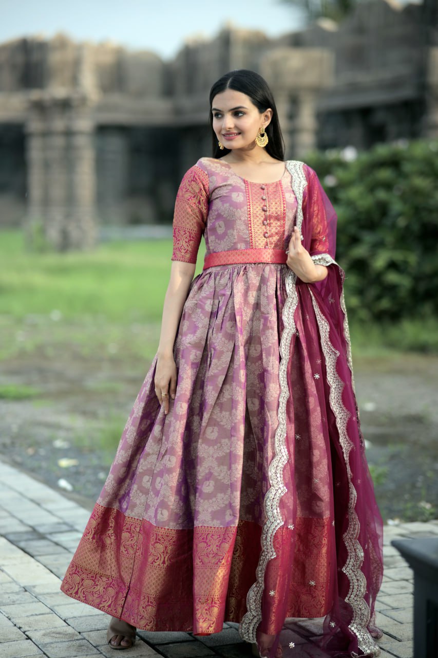 Elegant Kanjivaram Silk Gown with Embroidered Net Dupatta