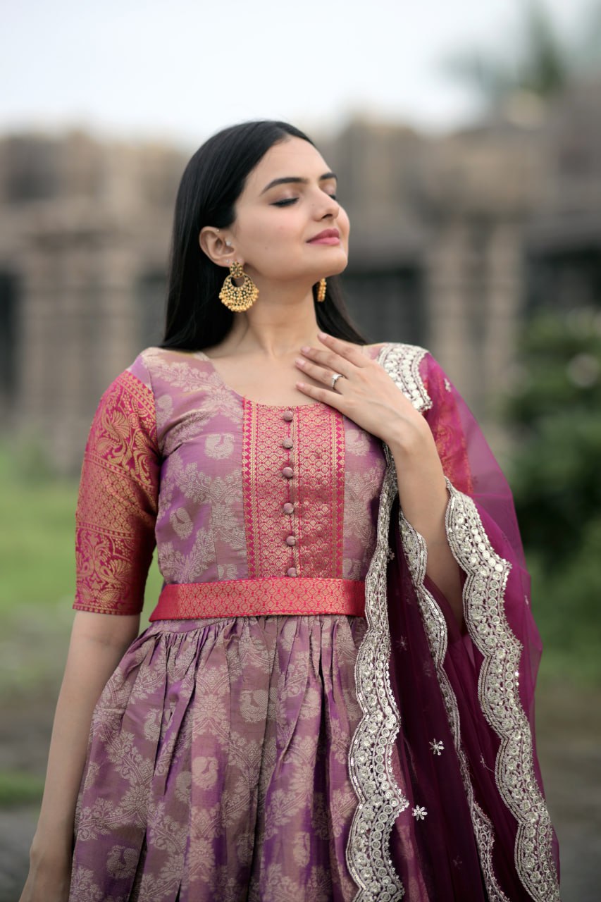 Elegant Kanjivaram Silk Gown with Embroidered Net Dupatta