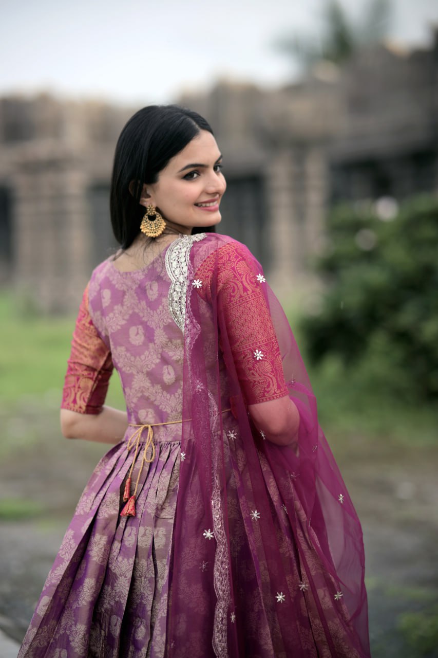 Elegant Kanjivaram Silk Gown with Embroidered Net Dupatta