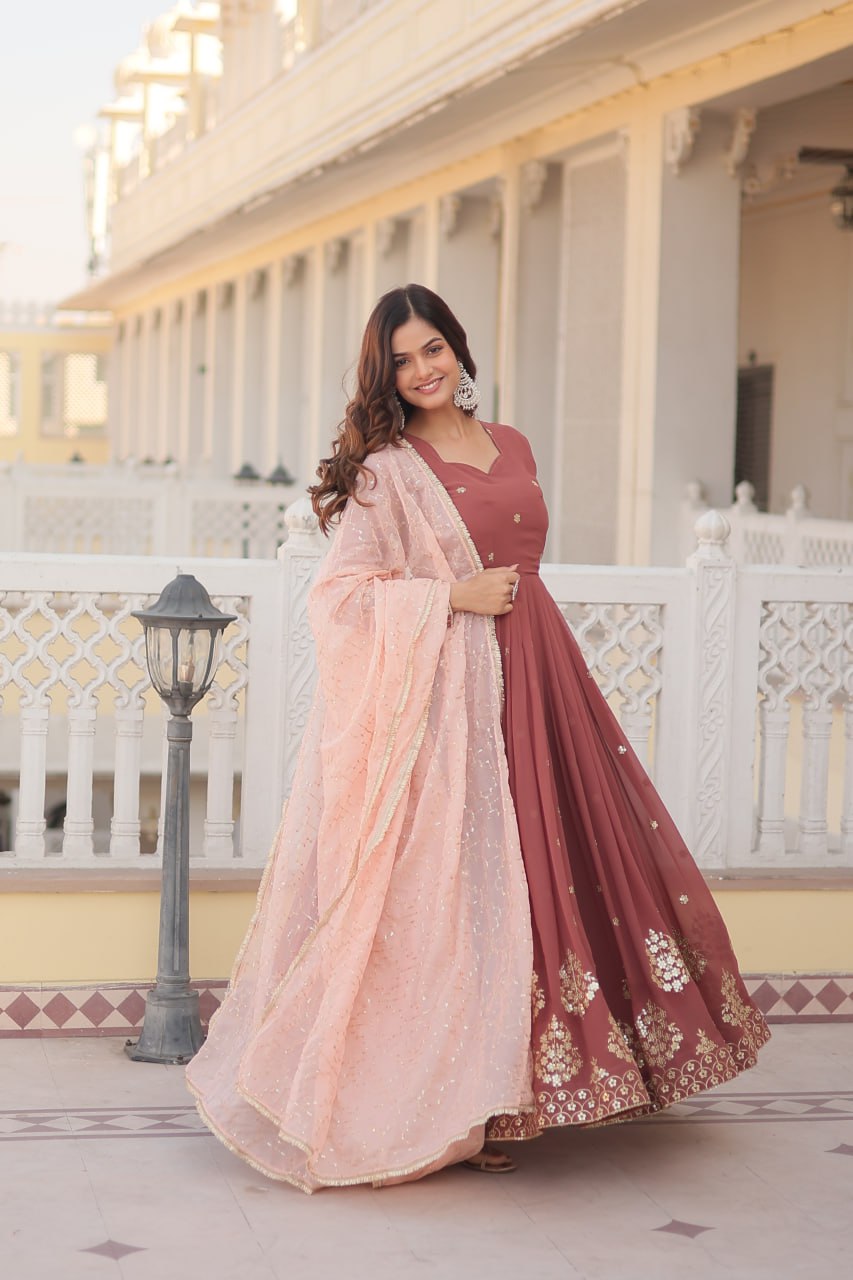 Elegant Faux Georgette Gown with Embroidered Dupatta