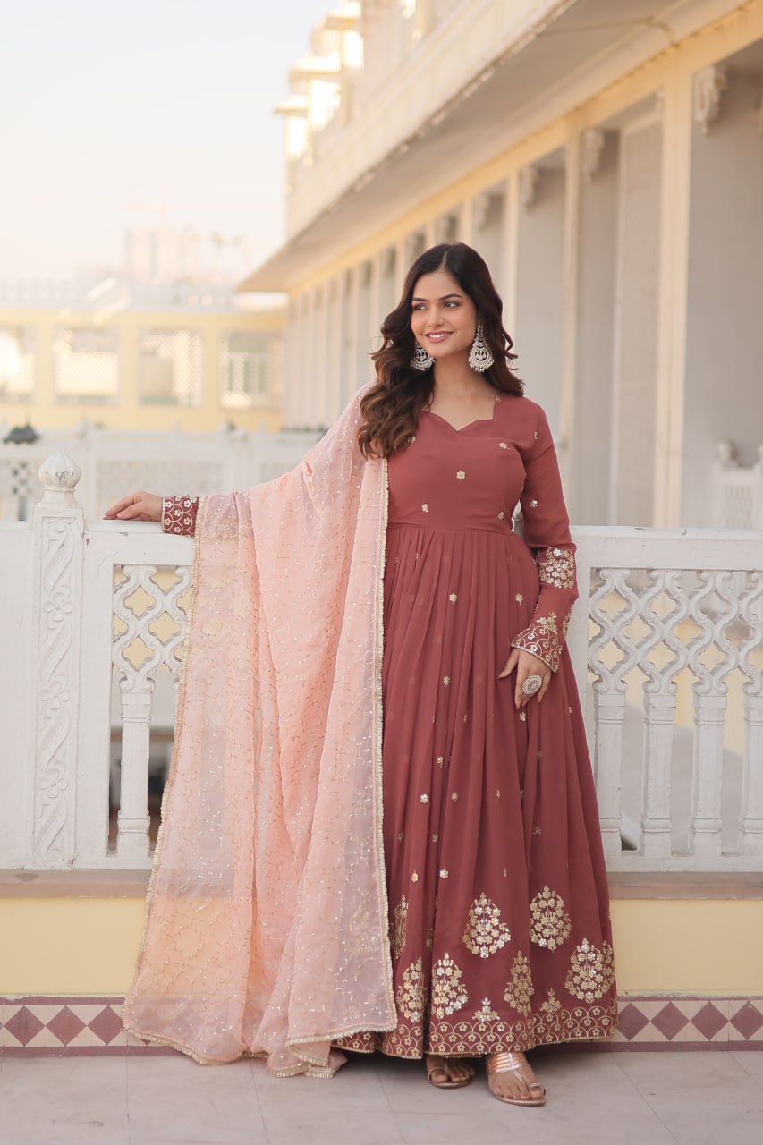 Elegant Faux Georgette Gown with Embroidered Dupatta