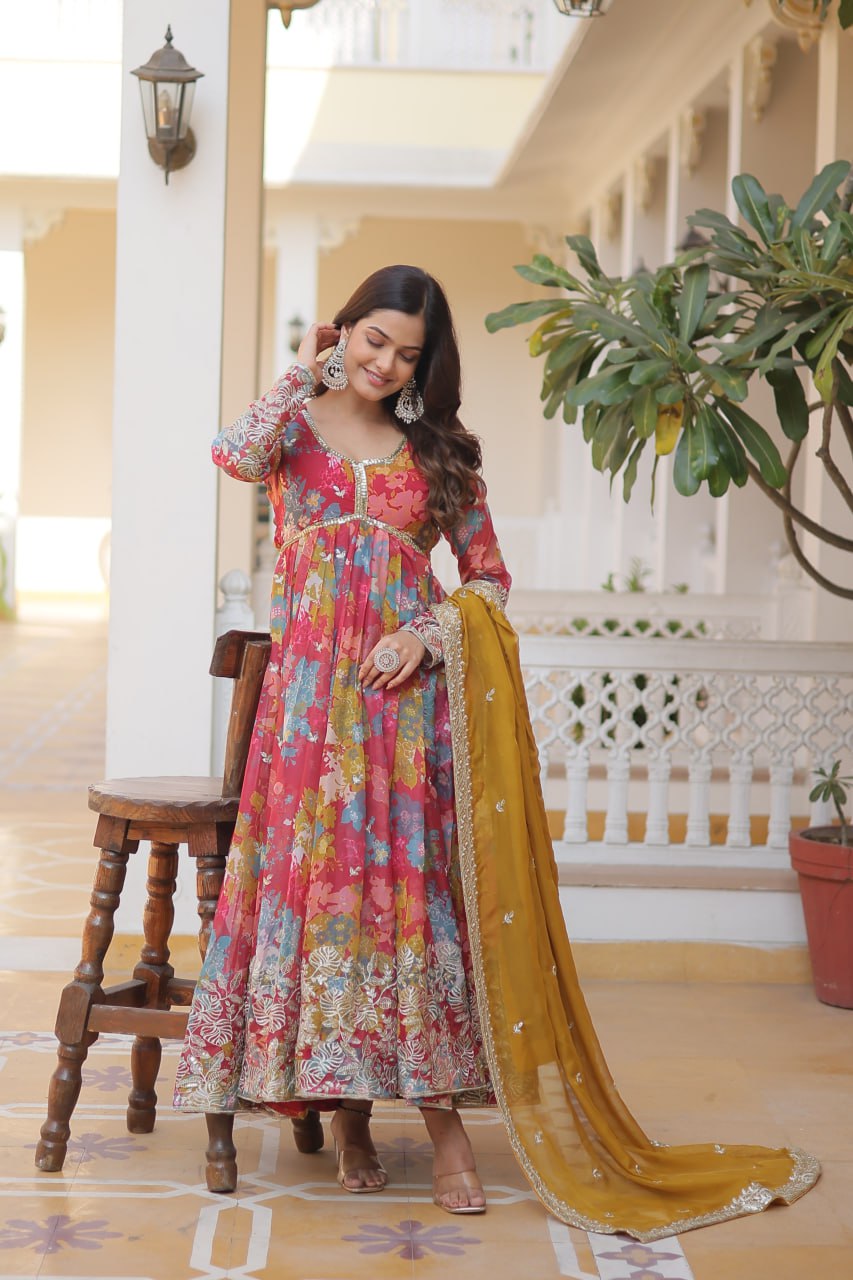 Floral Digital Printed Alia Cut Gown with Embroidered Dupatta