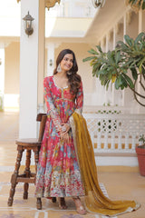 Floral Digital Printed Alia Cut Gown with Embroidered Dupatta