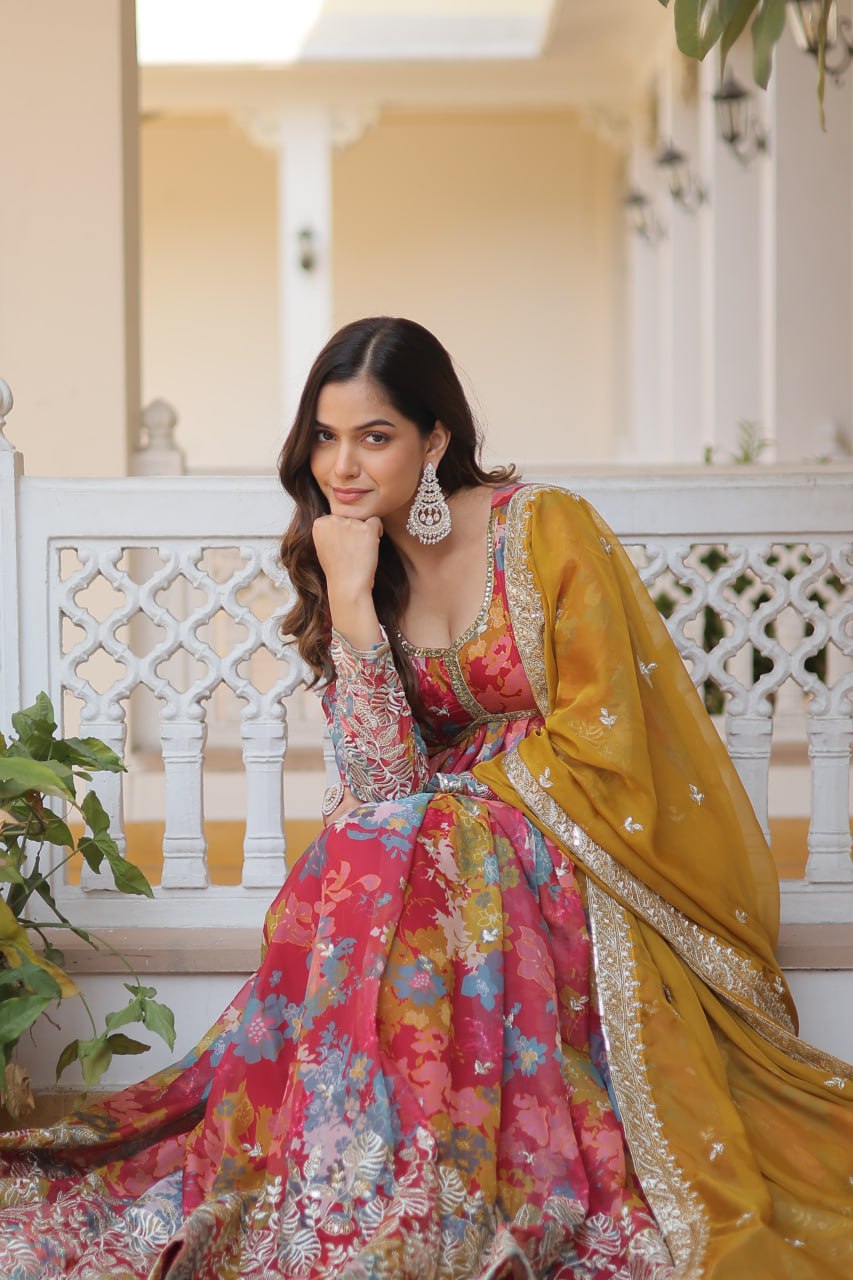 Floral Digital Printed Alia Cut Gown with Embroidered Dupatta