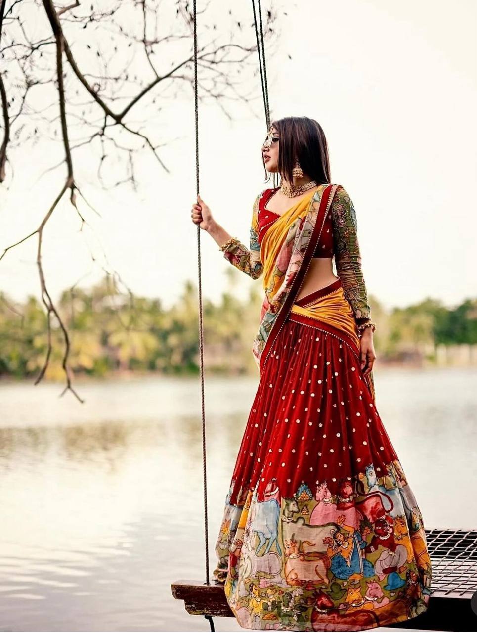 Red Kalamkari-Print Lehenga Choli Set with Thread Embroidery and Matching Dupatta