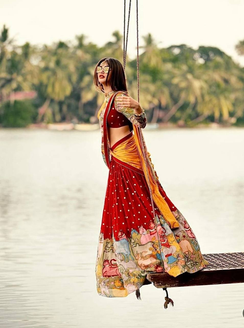 Red Kalamkari-Print Lehenga Choli Set with Thread Embroidery and Matching Dupatta