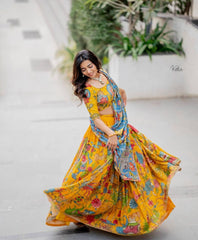 Kalamkari Print Chent Crepe Lehenga Choli Set with Dupatta