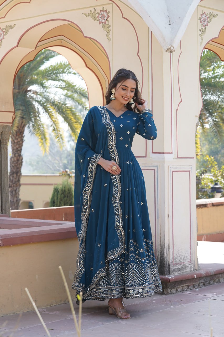 Premium Design Faux Georgette Embroidered Gown with Dupatta