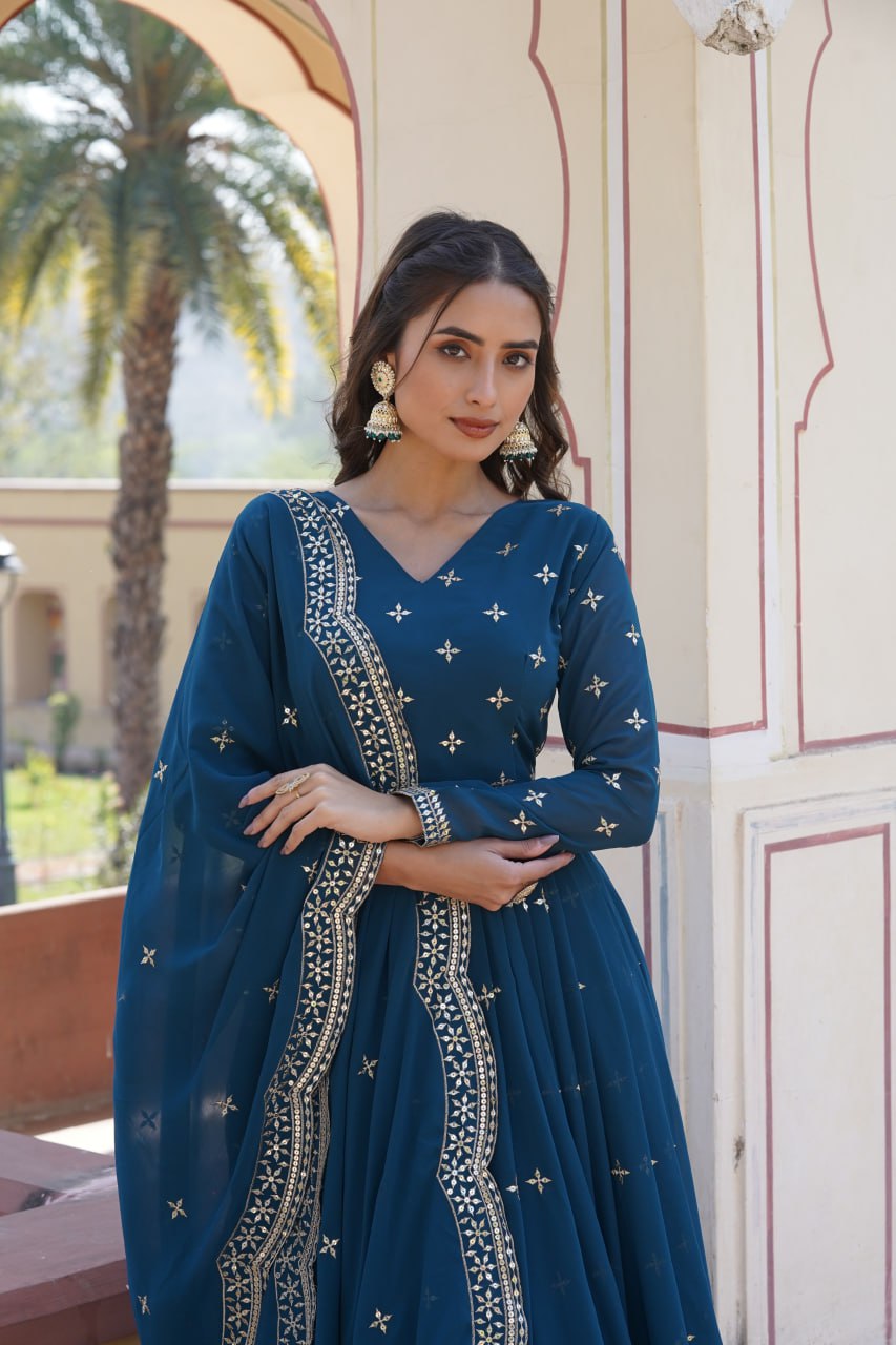 Premium Design Faux Georgette Embroidered Gown with Dupatta