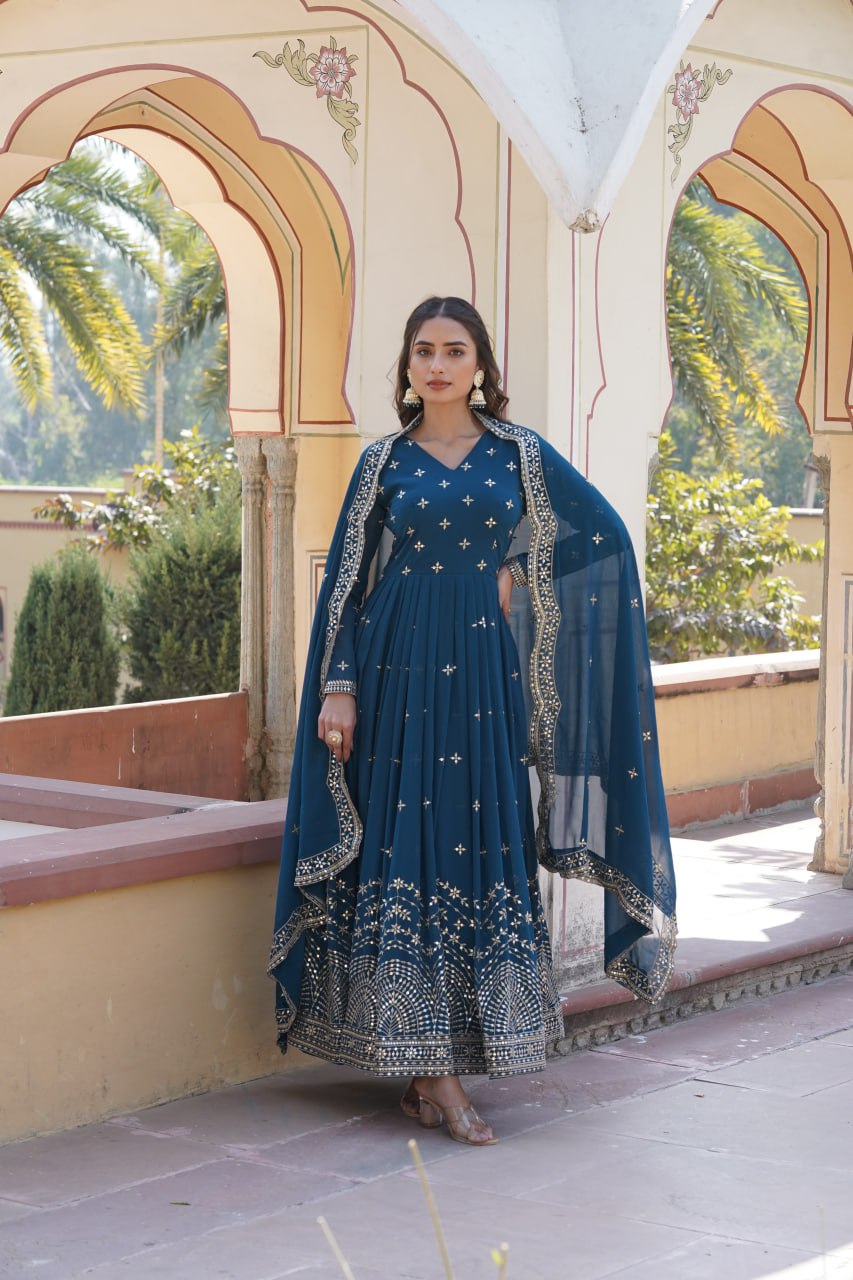 Premium Design Faux Georgette Embroidered Gown with Dupatta