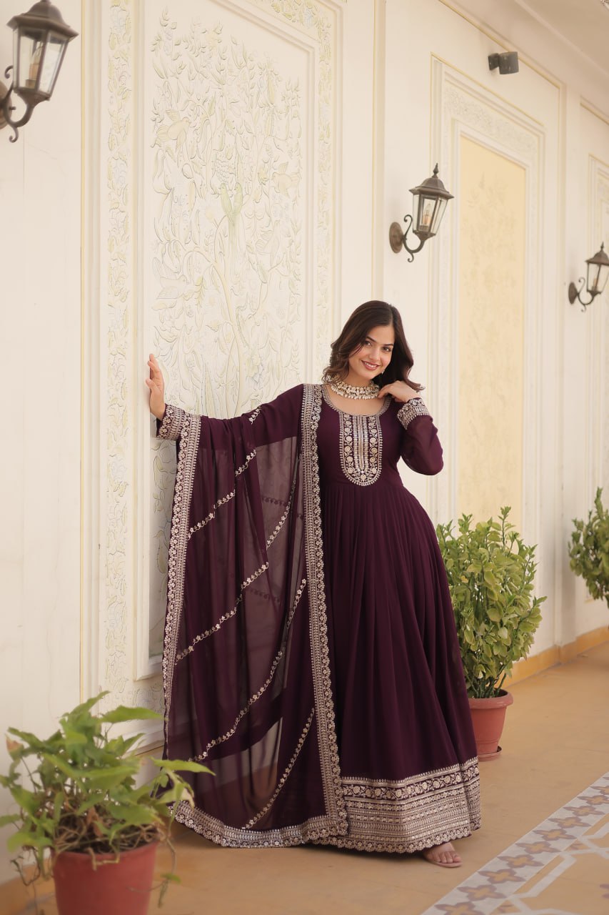 Premium Faux Blooming Gown with Sequins & Arco-Cut Work Dupatta