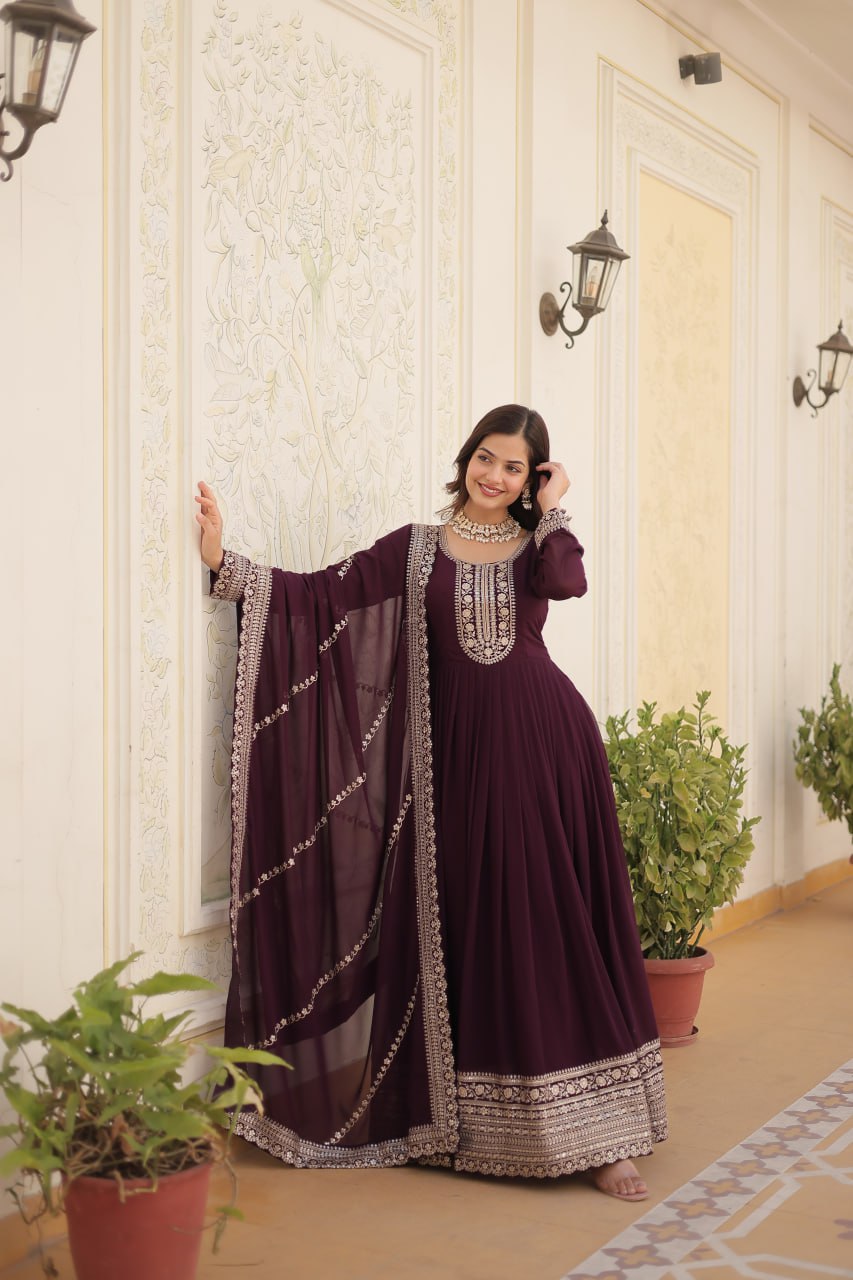 Premium Faux Blooming Gown with Sequins & Arco-Cut Work Dupatta