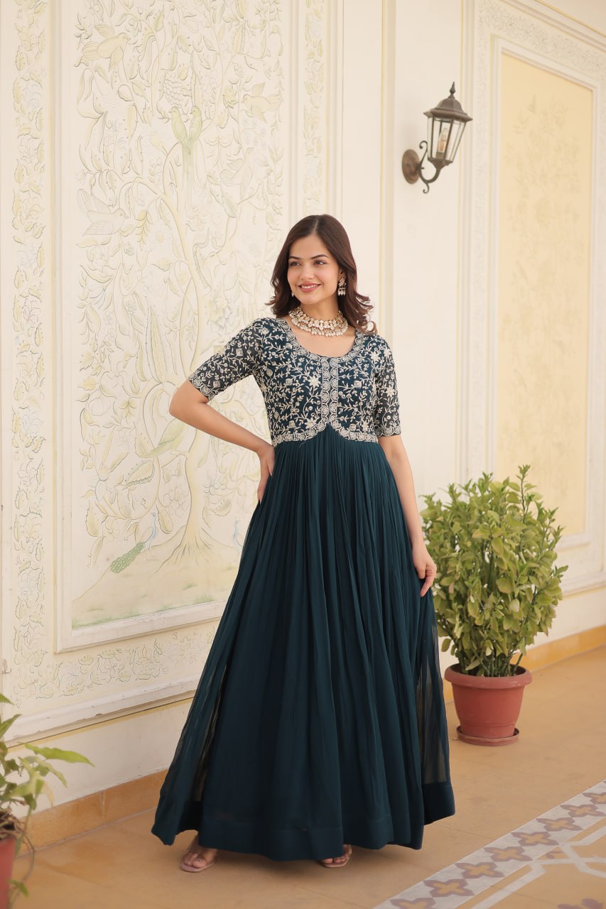 Elegant Faux Blooming Gown with Zari Sequins Embroidery