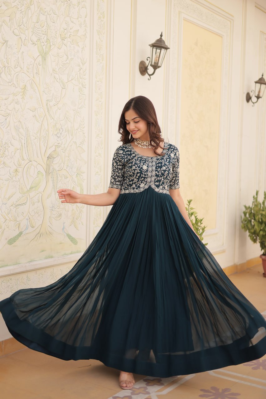 Elegant Faux Blooming Gown with Zari Sequins Embroidery