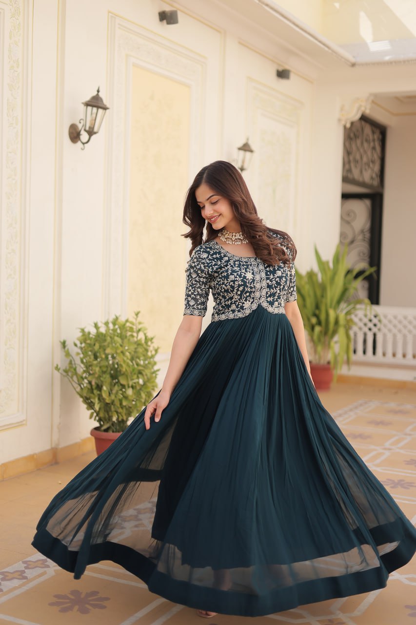 Elegant Faux Blooming Gown with Zari Sequins Embroidery