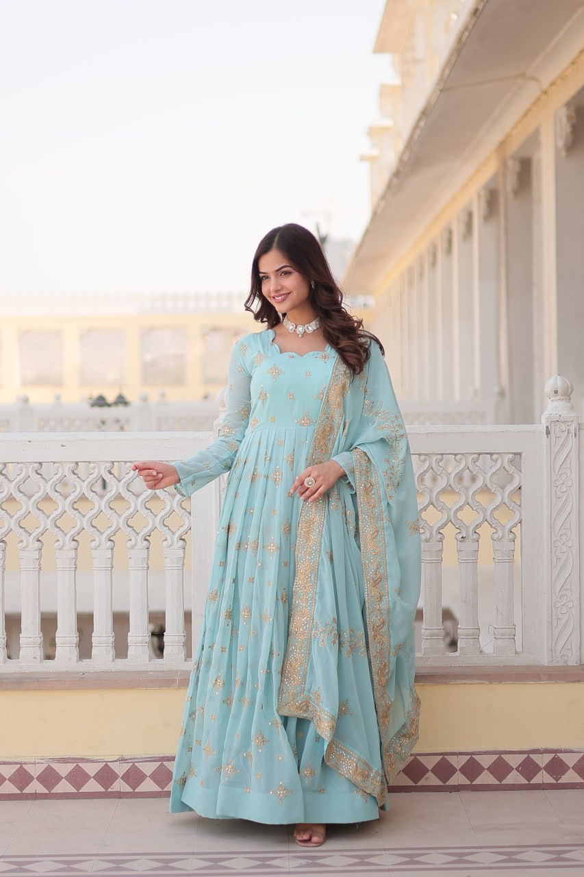 Premium Designer Gown with Dupatta – Embroidered Elegance