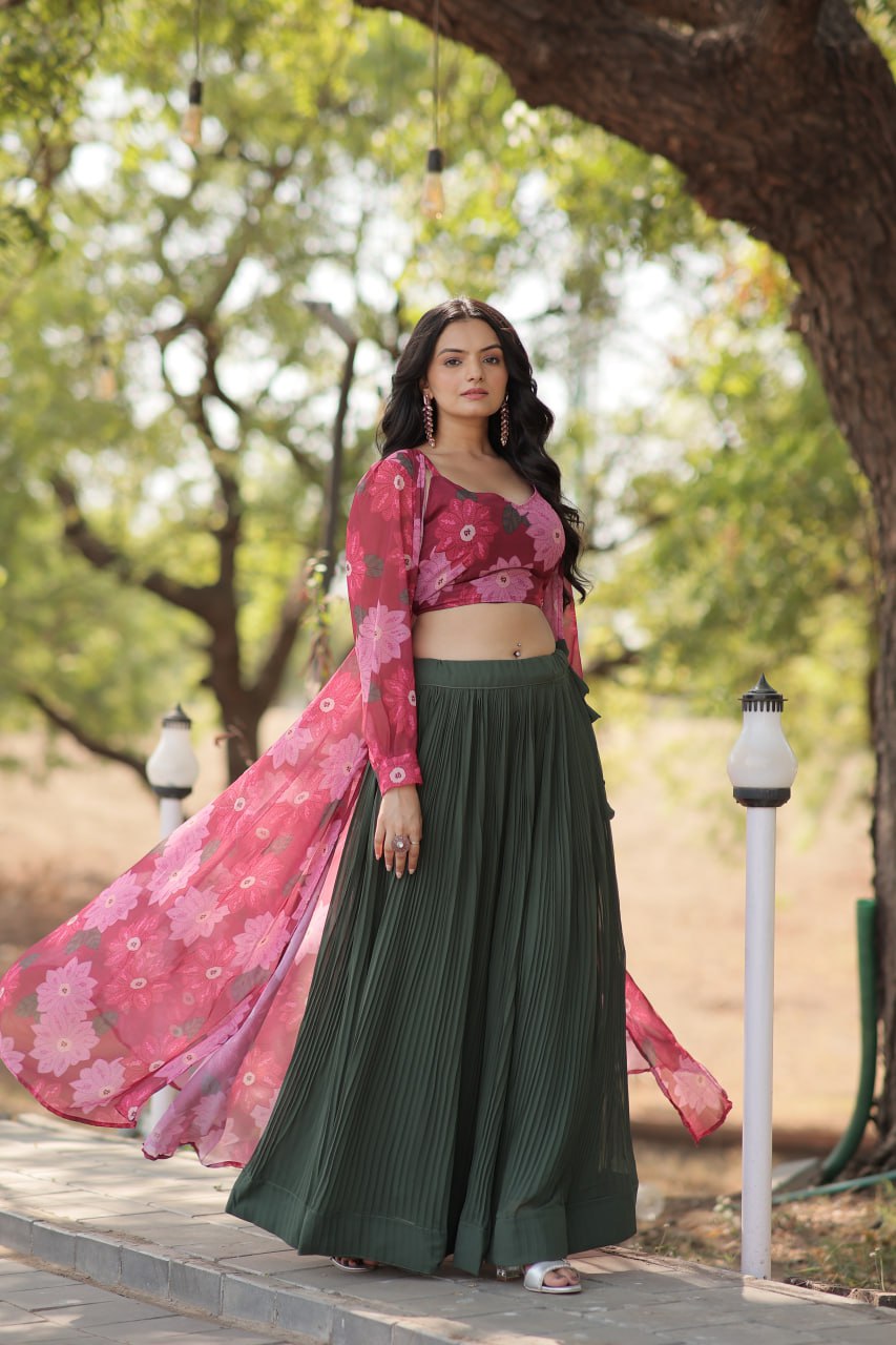 Floral Print Faux Georgette Lehenga Choli Set with Shrug